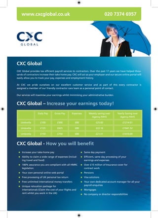www.cxcglobal.co.uk                                                          020 7374 6957




CXC Global
CXC Global provides tax efficient payroll services to contractors. Over the past 17 years we have helped thou-
sands of contractors increase their take home pay. CXC will act as your employer and our secure online portal will
easily allow you to track your pay, expenses and employment history.

At CXC we pride ourselves on our excellent customer service and as part of this every contractor is
assigned a member of our friendly contractor care team as a personal point of contact.

Our services will maximise your earnings whilst minimising your administrative burden.


CXC Global – Increase your earnings today!
                   Daily Pay      Gross Pay       Expenses        Weekly saving over        Yearly Saving over
                                                                    Agency PAYE               Agency PAYE

   Umbrella          £100            £500            £80                £25.83                  £1214.01

   Umbrella          £125            £625            £80                £22.16                  £1041.52

   Umbrella          £150            £750            £80                £21.51                  £1010.00



CXC Global - How you will benefit
  Increase your take-home pay                              Same day payment
  Ability to claim a wide range of expenses (includ-       Efficient, same day processing of your
   ing travel and food)                                      earnings and expenses
  100% assurance you are compliant with all HMRC           Over £15 million of Insurance cover for
   legislation                                               contract work
  Your own personal online web portal                      Pensions
  Free processing of UK personal tax return                Visa solutions
  Free unlimited international money transfers             Your own dedicated account manager for all your
  Unique relocation package for                             payroll enquiries
   internationals (Claim the cost of your flights and       Mortgages
   rent whilst you work in the UK)                          No company or director responsibilities
 