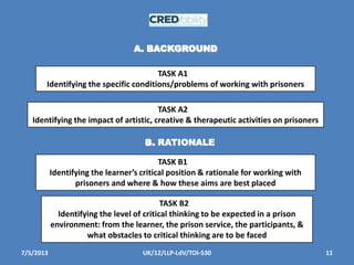 7/5/2013 11UK/12/LLP-LdV/TOI-530
TASK A2
Identifying the impact of artistic, creative & therapeutic activities on prisoners
TASK A1
Identifying the specific conditions/problems of working with prisoners
A. BACKGROUND
B. RATIONALE
TASK B1
Identifying the learner’s critical position & rationale for working with
prisoners and where & how these aims are best placed
TASK B2
Identifying the level of critical thinking to be expected in a prison
environment: from the learner, the prison service, the participants, &
what obstacles to critical thinking are to be faced
 