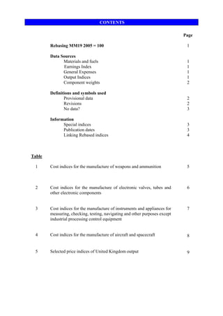 CONTENTS

                                                                             Page

        Rebasing MM19 2005 = 100                                              1

        Data Sources
              Materials and fuels                                             1
              Earnings Index                                                  1
              General Expenses                                                1
              Output Indices                                                  1
              Component weights                                               2

        Definitions and symbols used
               Provisional data                                               2
               Revisions                                                      2
               No data?                                                       3

        Information
              Special indices                                                 3
              Publication dates                                               3
              Linking Rebased indices                                         4



Table

 1      Cost indices for the manufacture of weapons and ammunition            5



 2      Cost indices for the manufacture of electronic valves, tubes and      6
        other electronic components


 3      Cost indices for the manufacture of instruments and appliances for    7
        measuring, checking, testing, navigating and other purposes except
        industrial processing control equipment


 4      Cost indices for the manufacture of aircraft and spacecraft           8


 5      Selected price indices of United Kingdom output                       9
 