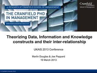© Cranfield University 2012
Theorizing Data, Information and Knowledge
constructs and their inter-relationship
UKAIS 2013 Conference
Martin Douglas & Joe Peppard
19 March 2013
 