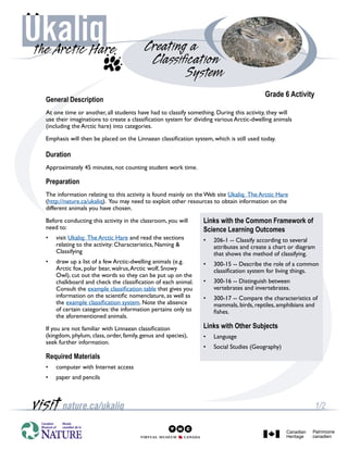 General Description 
At one time or another, all students have had to classify something. During this activity, they will use their imaginations to create a classification system for dividing various Arctic-dwelling animals (including the Arctic hare) into categories. 
Emphasis will then be placed on the Linnaean classification system, which is still used today. 
Grade 6 Activity 
Duration 
Approximately 45 minutes, not counting student work time. 
Preparation 
The information relating to this activity is found mainly on the Web site Ukaliq: The Arctic Hare (http://nature.ca/ukaliq). You may need to exploit other resources to obtain information on the different animals you have chosen. 
Before conducting this activity in the classroom, you will need to: 
• visit Ukaliq: The Arctic Hare and read the sections relating to the activity: Characteristics, Naming & Classifying 
• draw up a list of a few Arctic-dwelling animals (e.g. Arctic fox, polar bear, walrus, Arctic wolf, Snowy Owl), cut out the words so they can be put up on the chalkboard and check the classification of each animal. Consult the example classification table that gives you information on the scientific nomenclature, as well as the example classification system. Note the absence of certain categories: the information pertains only to the aforementioned animals. 
If you are not familiar with Linnaean classification (kingdom, phylum, class, order, family, genus and species), seek further information. 
Required Materials 
• computer with Internet access 
• paper and pencils 
Links with the Common Framework of Science Learning Outcomes 
• 206-1 -- Classify according to several attributes and create a chart or diagram that shows the method of classifying. 
• 300-15 -- Describe the role of a common classification system for living things. 
• 300-16 -- Distinguish between vertebrates and invertebrates. 
• 300-17 -- Compare the characteristics of mammals, birds, reptiles, amphibians and fishes. 
Links with Other Subjects 
• Language 
• Social Studies (Geography) 
Creating a 
Classification 
System  
