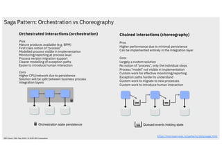Saga Pattern: Orchestration vs Choreography
Orchestrated interactions (orchestration)
Pros
Mature products available (e.g. BPM)
First class notion of “process”
Modelled process visible in implementation
Monitoring/reporting at process level
Process version migration support
Clearer modelling of exception paths
Easier to introduce human interaction
Cons
Higher CPU/network due to persistence
Solution will be split between business process
integration layers
Chained interactions (choreography)
Pros
Higher performance due to minimal persistence
Can be implemented entirely in the integration layer
Cons
Largely a custom solution
No notion of “process”, only the individual steps
Process “model” not visible in implementation
Custom work for effective monitoring/reporting
Exception paths harder to understand
Custom work to migrate to new processes
Custom work to introduce human interaction
Queued events holding stateOrchestration state persistence
https://microservices.io/patterns/data/saga.html
IBM Cloud / 28th May 2020 / © 2020 IBM Corporation
 
