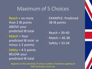 Maximum of 5 Choices
• Reach = no more
than 2 IB points
ABOVE your
predicted IB total
• Match = Your
predicted IB total or
minus 1-2 points)
• Safety = 4-5 points
BELOW your
predicted IB total
• EXAMPLE: Predicted
38 IB points
• Reach = 39-40
• Match = 36-38
• Safety = 33-34
Depends on the selectivity of school, number of students applying to
THAT particular course etc.
 