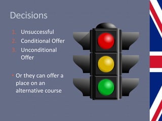 Decisions
1. Unsuccessful
2. Conditional Offer
3. Unconditional
Offer
• Or they can offer a
place on an
alternative course
 