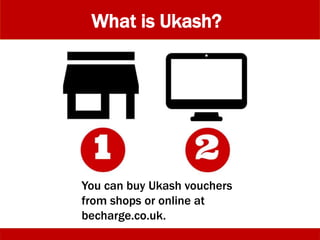 You can buy Ukash vouchers
from shops or online at
becharge.co.uk.
What is Ukash?
 