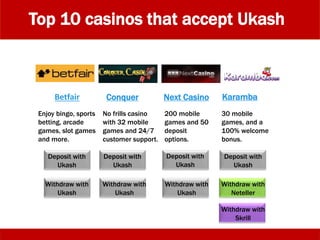 Top 10 casinos that accept Ukash
Deposit with
Ukash
Deposit with
Ukash
Withdraw with
Ukash
Withdraw with
Ukash
Withdraw with
Ukash
Withdraw with
Skrill
Deposit with
Ukash
Deposit with
Ukash
No frills casino
with 32 mobile
games and 24/7
customer support.
Conquer Next Casino
200 mobile
games and 50
deposit
options.
30 mobile
games, and a
100% welcome
bonus.
Karamba
Withdraw with
Neteller
Betfair
Enjoy bingo, sports
betting, arcade
games, slot games
and more.
 