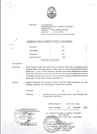 i
t.
t.
"i
i,
I
PETIK,AN : clari keputrrs'an
GI]BEPNUFI KEPAI A DAEI?AH TINGI<AT I
JAV/A P,ARdT
r.rovr:n' .'1zL,Lz/x.-L638/95
Lampirdrr : 1(sattr) rlaftitr
GUBERNUR KEPALA. DAEHAI{ I'INGKAT I JAWA BARAT
l}'
ivlenetapkan
----A !. I A
r:. I /J.lvl^i
i<EDUA
Membaca
Menimbang
Mengiirgat
Memperirai ikan
ds t.
:
MEMUI'USKAN
.l
Calon Pegaw;ri Negeri Sipil yang nanran)/a terrsebtrt cJalam lajur 2 di.tng(a.t-menjadi
Pegawai Negeri Sipil dalarn parrgl<at, angka l<redit clart jabatan sel>agaimana tersebut
dalam lajui 'l 1 clarr 13 seria keDaclr,rtrya cliberikan gaji pokok sebagaimana tersebut
cialam lajur 15 ditanrltah clengarr pentllrasiiarr lairrnya yarrq sah berdasarkan peraturan
perundang-undangan yanr.1 br:rli,rl<u, terlritung nrrrlai tarrggal seLragaimana {ersebut
dalam lajr-rr' 16 dari daflar larnpiran keputttsan ini.
Apabila clikemuclian hari lerrryatfl tllrcJil)at kekeliruan dalarn keputusan ini, akan
diadakan perbilikan dan perrc;hitut'lgan sobagainrana mestinya.
'l
dst.
dst,
d.s'f . i
ds t.
d i l:e ri karr k(.jp rldo yer riq l:e i'ke pe ntin gan
dipe rc;rttt;rktr1 s ec){}rl r,rnva,
DITI..'IAFKAN Di
iI'ADA I'AI.ICiGAL
*'
untrrk diketahui dan
KUTIP/iN
PETIKAN
BANOUN..G
31 Agusts 'r ooq
An. GLIBEIINIJR KEPALq DAERAH TINGKAT I
JAUJA SARAT
r:larr K Prop, Dati I Jawa Barat
.{s,rI{Ii
Cta-re. i{uCa
-c!'c,rsAHKAN:
h, S.P.l
J
.,-/ur:CAtv1
Z-- -ili/- s D N
lil t wruuvAsARr
t
 