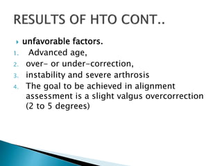  unfavorable factors.
1. Advanced age,
2. over- or under-correction,
3. instability and severe arthrosis
4. The goal to be achieved in alignment
assessment is a slight valgus overcorrection
(2 to 5 degrees)
 