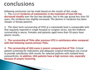 following conclusion can be made based on the results of this study.
1. The overall incidence of osteotomies in the treatment of knee OA has
decreased steadily over the last two decades, but in the age group less than 50
years, the incidence has slightly increased. The decline in incidence has been
steeper in female patients.
2. The short term survivorship of HTO at a nationwide level is comparable with
that regularly reported in single hospital or surgeon series, but the midterm
survivorship is worse. Females and patients aged more than 50 years have
poorer results.
3. The survivorship of TKAs after previous HTO is satisfactory when compared
with that following routine primary TKAs.
4. The survivorship of UKA cases is poorer compared that of TKA. Critical
patient screening for indications and adequate surgical techniques are crucial
to provide satisfactory UKA results for selected patients with isolated knee
osteoarthritis. In addition, UKA patients have a high revision rate, especially
because of aseptic loosening.
 