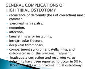  recurrence of deformity (loss of correction) most
commen,
 peroneal nerve palsy,
 nonunion,
 infection,
 knee stiffness or instability,
 intraarticular fracture,
 deep vein thrombosis,
 compartment syndrome, patella infra, and
osteonecrosis of the proximal fragment.
 Inadequate correction and recurrent varus
deformity have been reported to occur in 5% to
30% of patients with proximal tibial osteotomy.
 