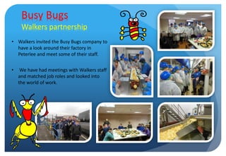 Busy Bugs
Walkers partnership
• Walkers invited the Busy Bugs company to
have a look around their factory in
Peterlee and meet some of their staff.
• We have had meetings with Walkers staff
and matched job roles and looked into
the world of work.
 