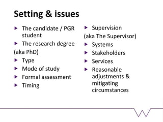 Setting & issues
The candidate / PGR
student
The research degree
(aka PhD)
Type
Mode of study
Formal assessment
Timing
Supervision
(aka The Supervisor)
Systems
Stakeholders
Services
Reasonable
adjustments &
mitigating
circumstances
 