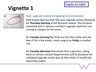 Vignette 1
Ravi: upgrade review (mitigating circumstances)
PGR student Ravi has their first-year Upgrade review scheduled
for Thursday morning at the Warwick campus. This has been
scheduled well in advance and Ravi’s upgrade examiners are
coming to campus for the event.
On Tuesday morning Ravi finds out that their child, who has
been ill for a few weeks, needs surgery on Friday in another
city.
On Tuesday afternoon Ravi emails their supervisor, asking
them to contact relevant Departmental staff to postpone the
scheduled Upgrade review due, to their child’s ill health and
upcoming surgery.
Copies on table
 