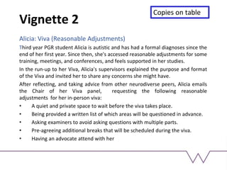 Vignette 2
Alicia: Viva (Reasonable Adjustments)
Third year PGR student Alicia is autistic and has had a formal diagnoses since the
end of her first year. Since then, she's accessed reasonable adjustments for some
training, meetings, and conferences, and feels supported in her studies.
In the run-up to her Viva, Alicia's supervisors explained the purpose and format
of the Viva and invited her to share any concerns she might have.
After reflecting, and taking advice from other neurodiverse peers, Alicia emails
the Chair of her Viva panel, requesting the following reasonable
adjustments for her in-person viva:
• A quiet and private space to wait before the viva takes place.
• Being provided a written list of which areas will be questioned in advance.
• Asking examiners to avoid asking questions with multiple parts.
• Pre-agreeing additional breaks that will be scheduled during the viva.
• Having an advocate attend with her
Copies on table
 