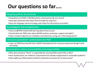 Our questions so far....
Mapping policies & processes
•How/where are PGRs in MC/RA policies and processes (& vice versa?)
•How does disclosed information flow through the system/s?
•Does the language and terminology used make the information accessible?
Knowledge(s) and competencies
•How are all PGR-related staff learning about these issues?
•How & when do PGRs learn about RA/MC policies, processes, support and rights?
•How is student expertise (re: disability, neurodiversity, caring, etc.) informing practice?
‘Inclusive assessment' conversations for PGR
• How can PGR/Vivas benefit from UG/PGT developments for inclusive assessment design? (and
vice versa)
Conversations about accountability and responsibility
•Who does everyone *think* is responsible for ensuring PGR student RAs or MCs?
•How 'burdensome' are 'evidence' requirements for already-marginalised or vulnerable students?
•How might your PGR students hold the institution to account for its future work?
 