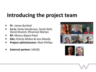 Introducing the project team
PI: James Burford
Co-Is: Emily Henderson, Sarah Dahl,
Daniel Branch, Rhiannon Martyn
RF: Meanu Bajwa-Patel
RAs: Felicity McKee & Jess Moody
Project administrator: Matt Phillips
External partner: UKCGE.
 