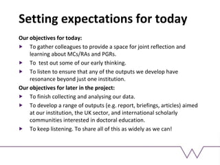 Setting expectations for today
Our objectives for today:
To gather colleagues to provide a space for joint reflection and
learning about MCs/RAs and PGRs.
To test out some of our early thinking.
To listen to ensure that any of the outputs we develop have
resonance beyond just one institution.
Our objectives for later in the project:
To finish collecting and analysing our data.
To develop a range of outputs (e.g. report, briefings, articles) aimed
at our institution, the UK sector, and international scholarly
communities interested in doctoral education.
To keep listening. To share all of this as widely as we can!
 
