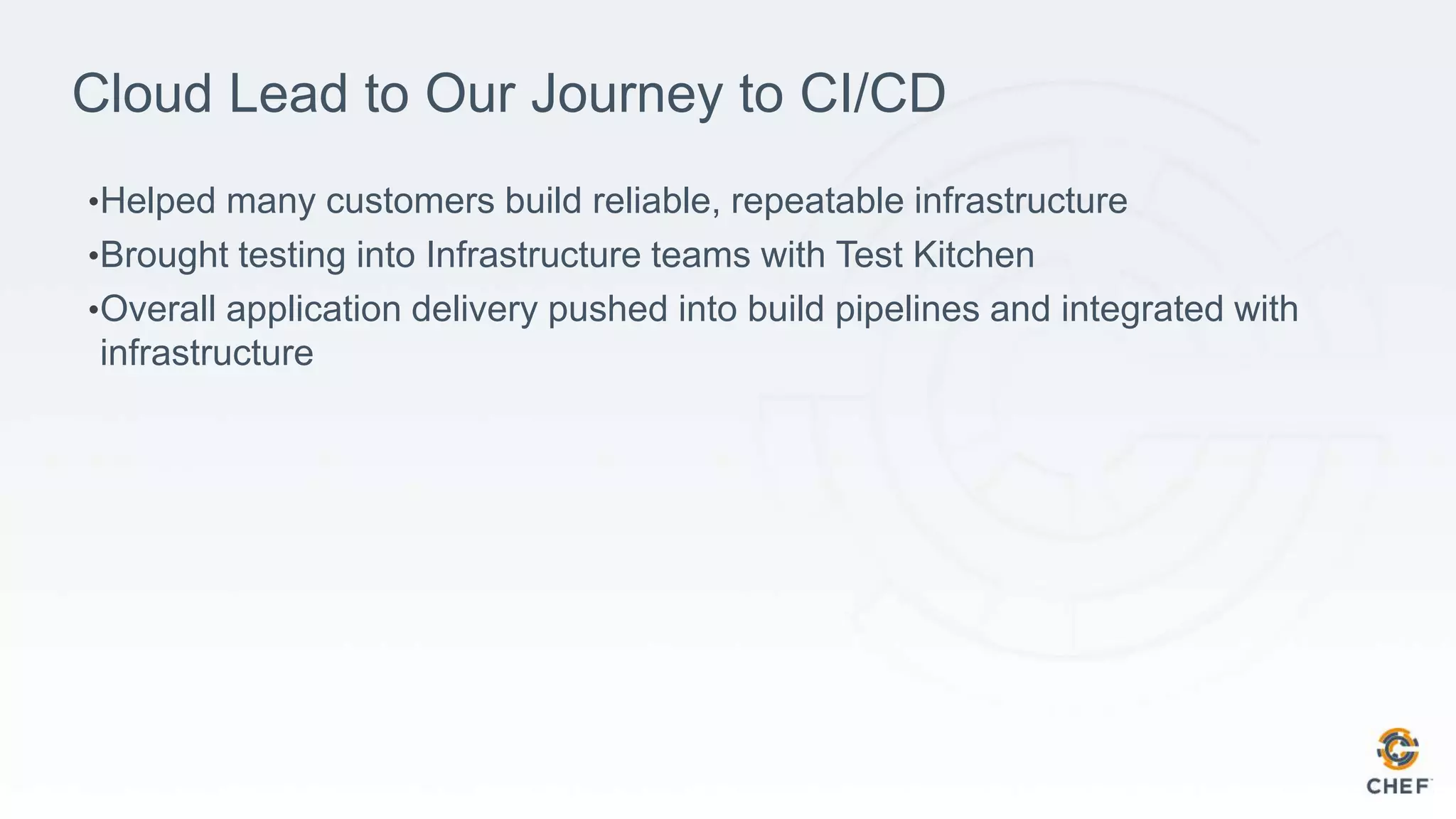 Cloud Lead to Our Journey to CI/CD
•Helped many customers build reliable, repeatable infrastructure
•Brought testing into Infrastructure teams with Test Kitchen
•Overall application delivery pushed into build pipelines and integrated with
infrastructure
 
