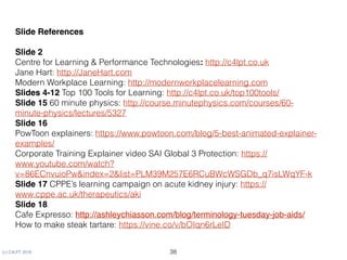 (c) C4LPT, 2016 38
Slide References
Slide 2
Centre for Learning & Performance Technologies: http://c4lpt.co.uk
Jane Hart: http://JaneHart.com
Modern Workplace Learning: http://modernworkplacelearning.com  
Slides 4-12 Top 100 Tools for Learning: http://c4lpt.co.uk/top100tools/
Slide 17 60 minute physics: http://course.minutephysics.com/courses/60-
minute-physics/lectures/5327
Slide 18
PowToon explainers: https://www.powtoon.com/blog/5-best-animated-explainer-
examples/
Corporate Training Explainer video SAI Global 3 Protection: https://
www.youtube.com/watch?
v=86ECnvuioPw&index=2&list=PLM39M257E6RCuBWcWSGDb_q7isLWqYF-k
Slide 19 CPPE’s learning campaign on acute kidney injury: https://
www.cppe.ac.uk/therapeutics/aki
Slide 20
Cafe Expresso: http://ashleychiasson.com/blog/terminology-tuesday-job-aids/
How to make steak tartare: https://vine.co/v/bOIqn6rLeID
Slide 23 
My pick of the best of May 2016 http://www.c4lpt.co.uk/blog/2016/06/01/my-
pick-of-the-best-of-may-2016/
 