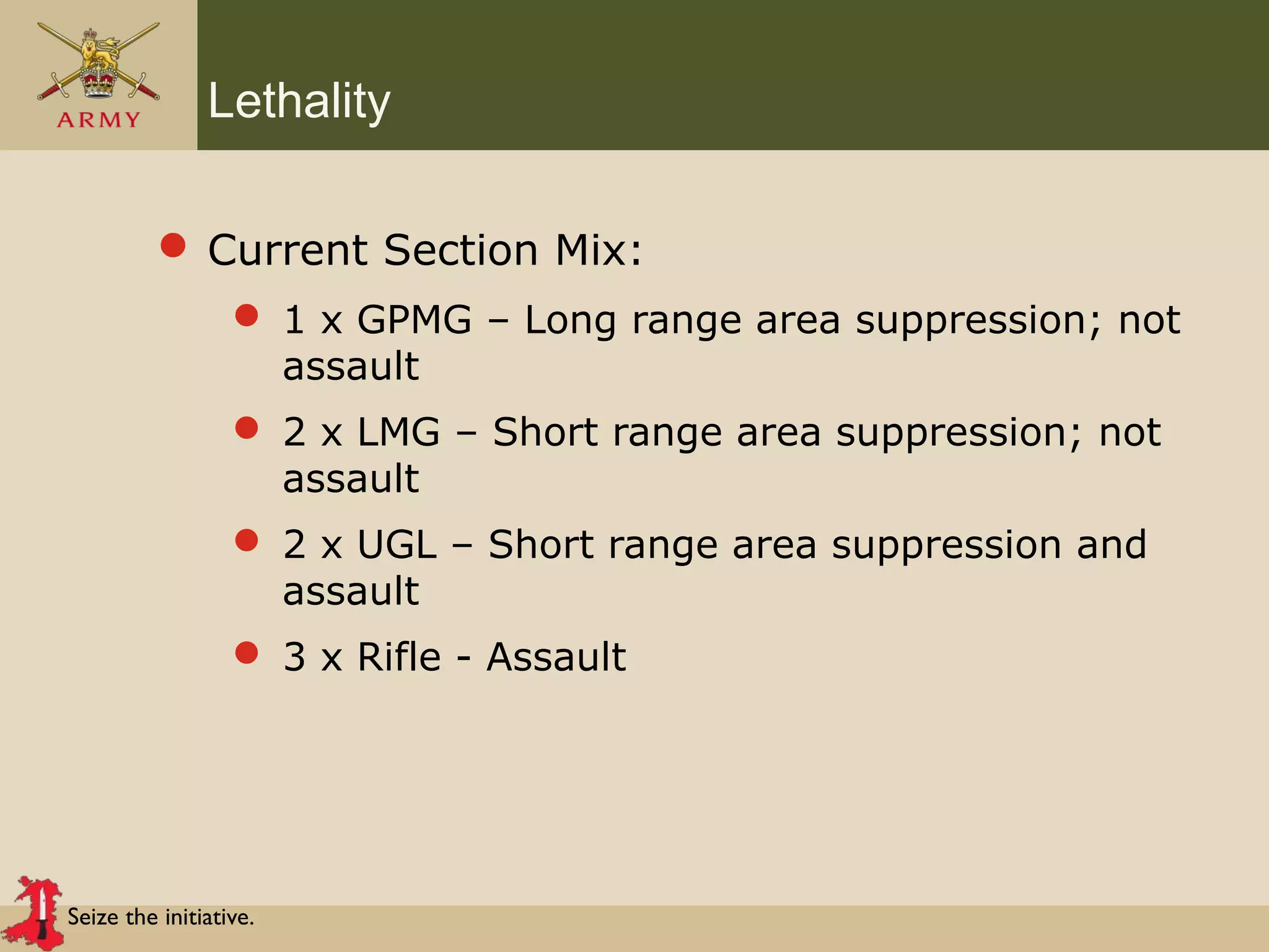 Seize the initiative.
Lethality
 Current Section Mix:
 1 x GPMG – Long range area suppression; not
assault
 2 x LMG – Short range area suppression; not
assault
 2 x UGL – Short range area suppression and
assault
 3 x Rifle - Assault
 
