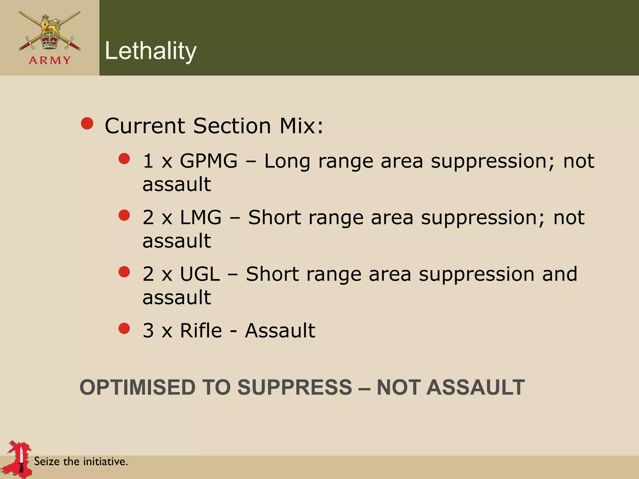 Seize the initiative.
Lethality
 Current Section Mix:
 1 x GPMG – Long range area suppression; not
assault
 2 x LMG – Short range area suppression; not
assault
 2 x UGL – Short range area suppression and
assault
 3 x Rifle - Assault
OPTIMISED TO SUPPRESS – NOT ASSAULT
 