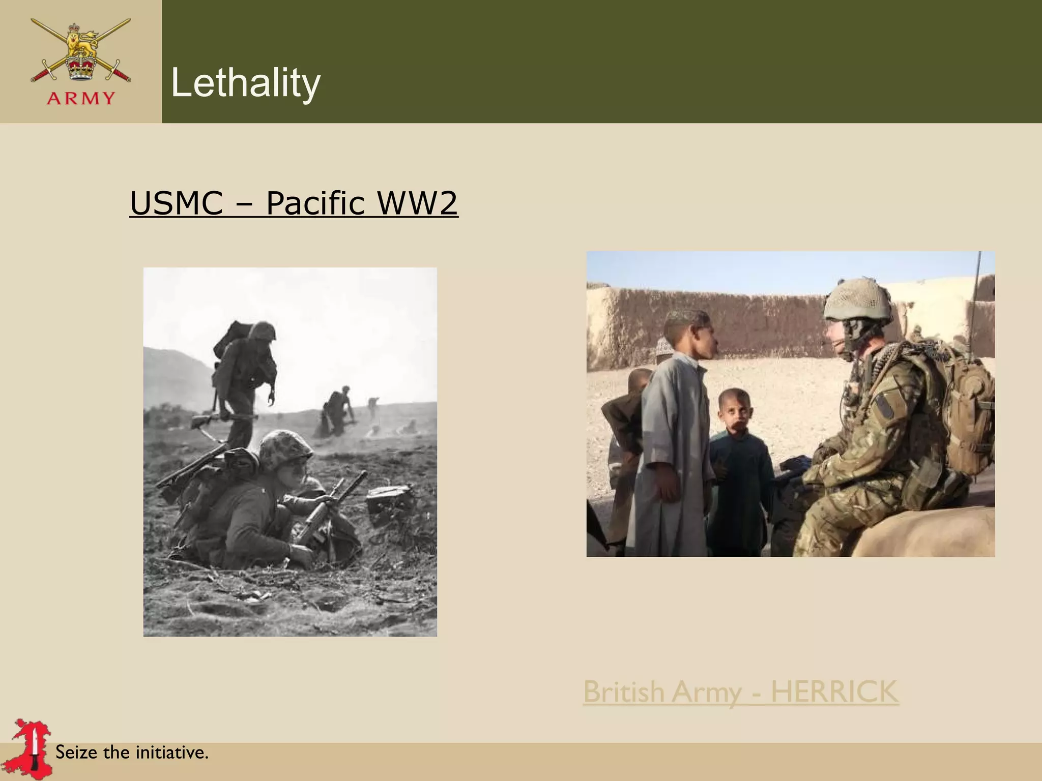 Seize the initiative.
Lethality
USMC – Pacific WW2
British Army - HERRICK
 