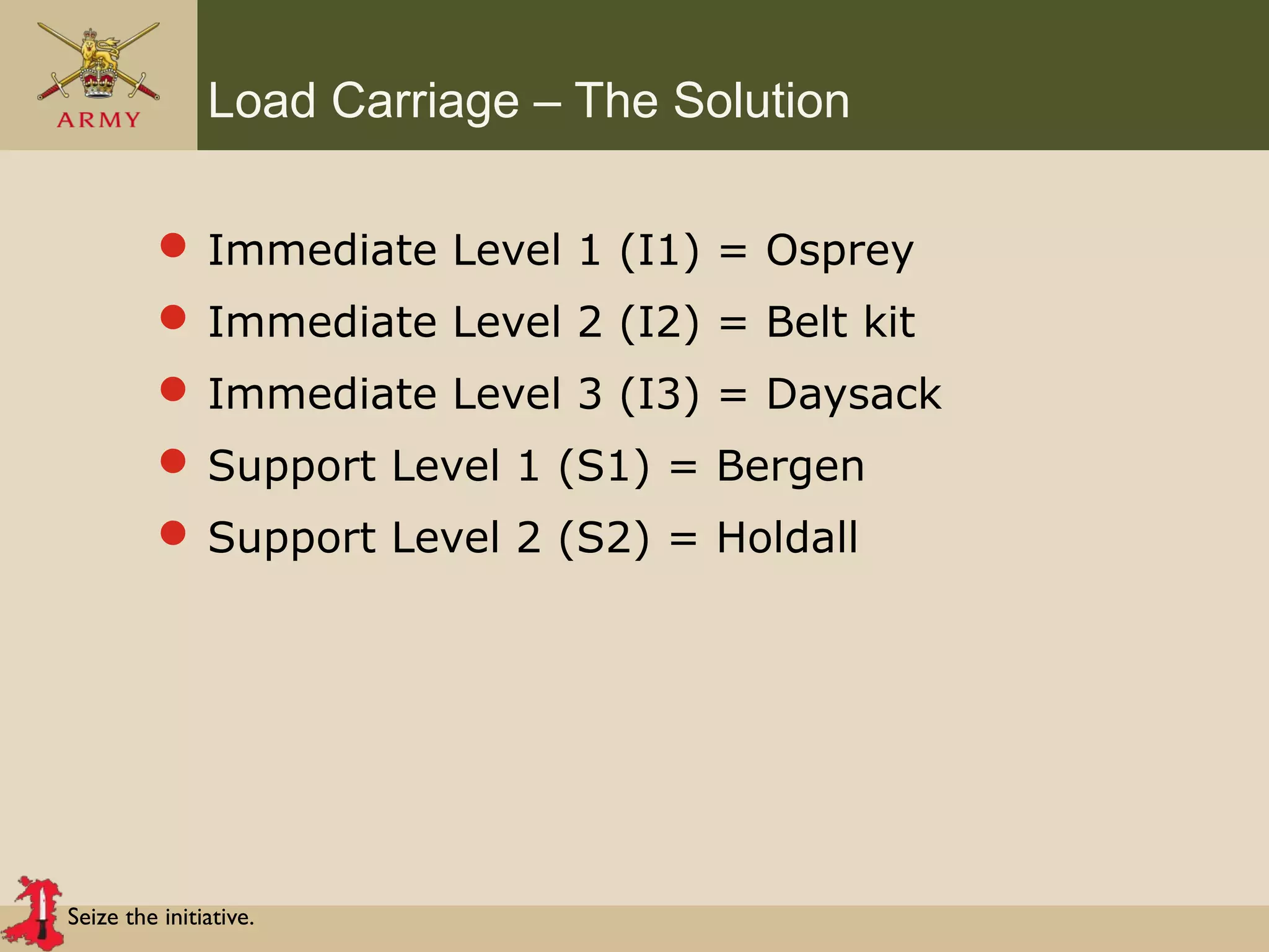 Seize the initiative.
Load Carriage – The Solution
 Immediate Level 1 (I1) = Osprey
 Immediate Level 2 (I2) = Belt kit
 Immediate Level 3 (I3) = Daysack
 Support Level 1 (S1) = Bergen
 Support Level 2 (S2) = Holdall
 