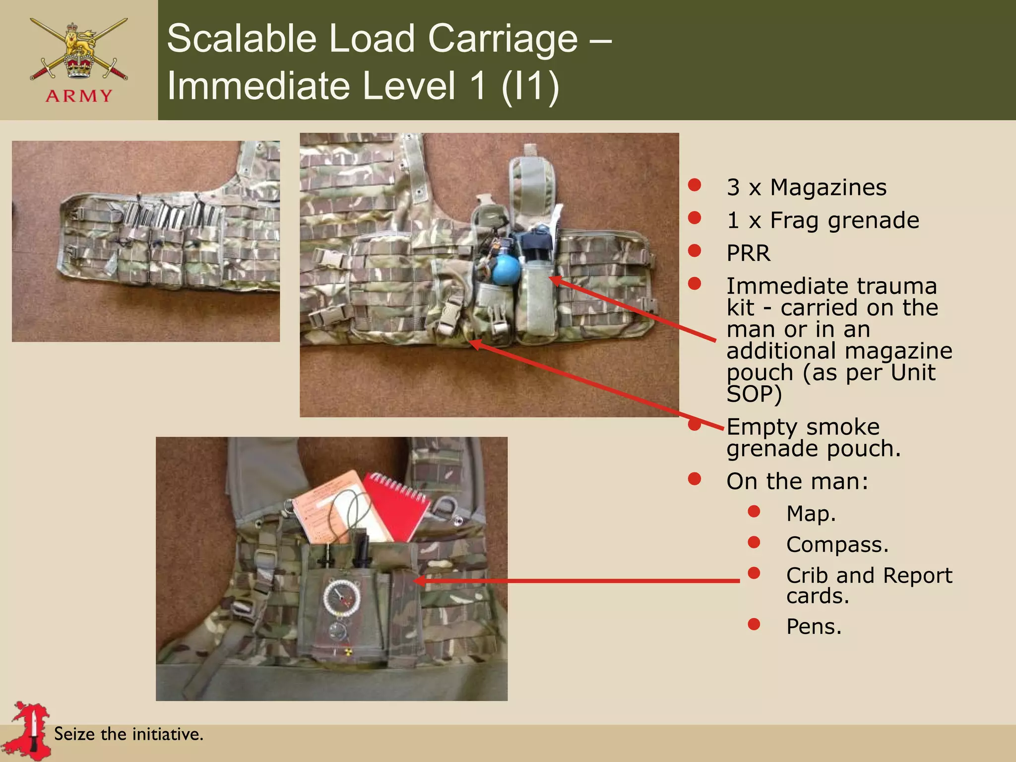 Seize the initiative.
Scalable Load Carriage –
Immediate Level 1 (I1)
 3 x Magazines
 1 x Frag grenade
 PRR
 Immediate trauma
kit - carried on the
man or in an
additional magazine
pouch (as per Unit
SOP)
 Empty smoke
grenade pouch.
 On the man:
 Map.
 Compass.
 Crib and Report
cards.
 Pens.
 