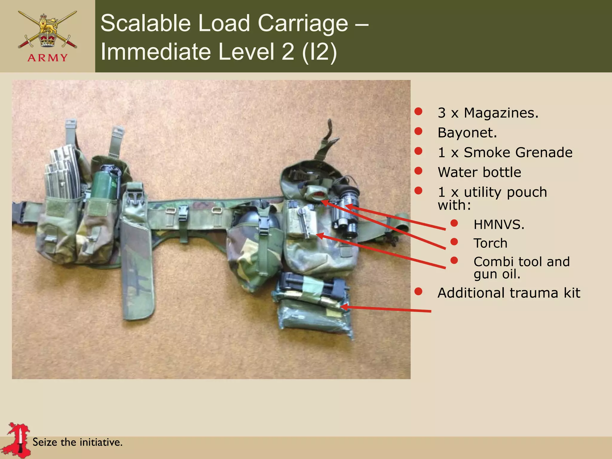 Seize the initiative.
Scalable Load Carriage –
Immediate Level 2 (I2)
 3 x Magazines.
 Bayonet.
 1 x Smoke Grenade
 Water bottle
 1 x utility pouch
with:
 HMNVS.
 Torch
 Combi tool and
gun oil.
 Additional trauma kit
 