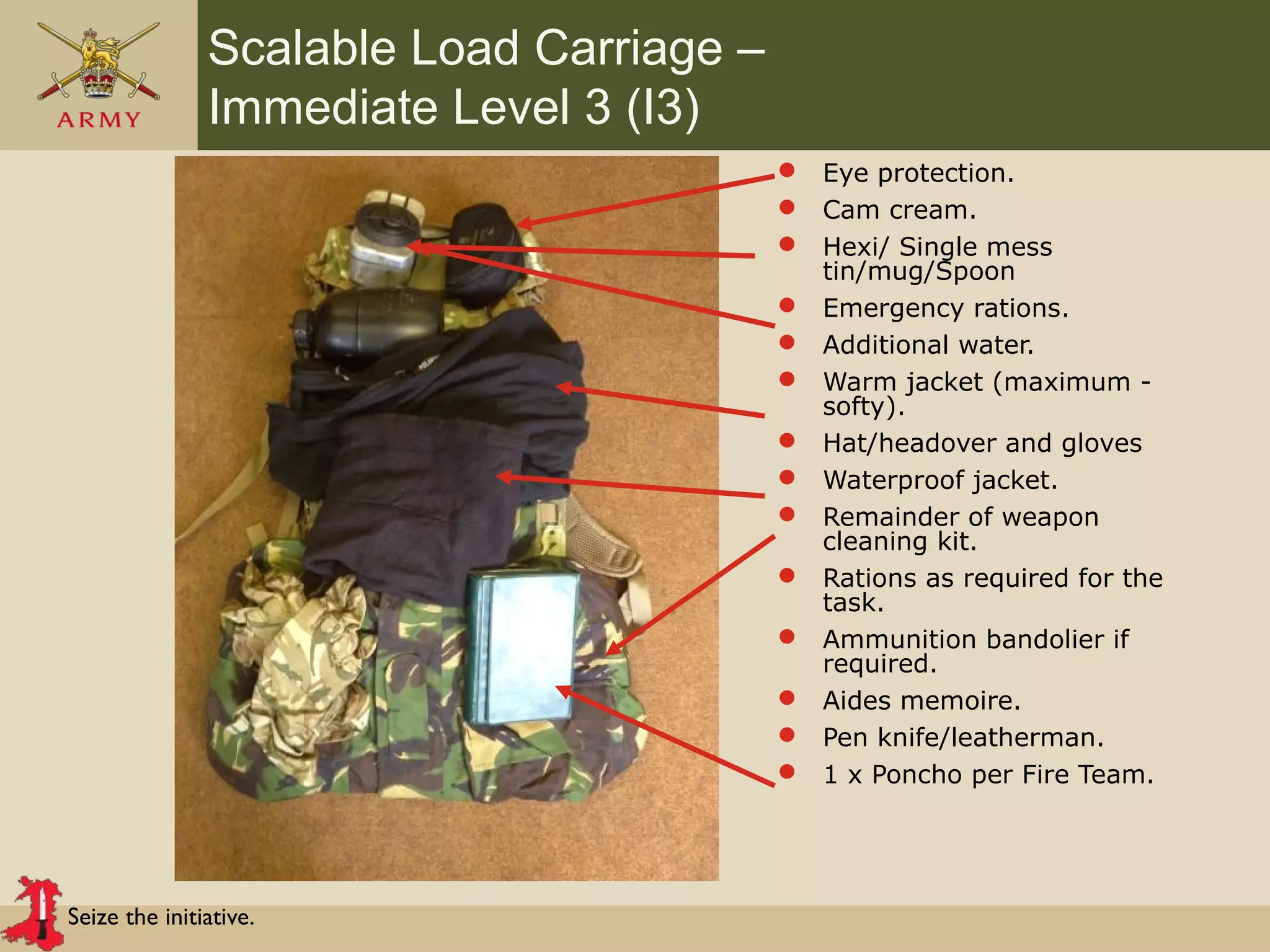 Seize the initiative.
Scalable Load Carriage –
Immediate Level 3 (I3)
 Eye protection.
 Cam cream.
 Hexi/ Single mess
tin/mug/Spoon
 Emergency rations.
 Additional water.
 Warm jacket (maximum -
softy).
 Hat/headover and gloves
 Waterproof jacket.
 Remainder of weapon
cleaning kit.
 Rations as required for the
task.
 Ammunition bandolier if
required.
 Aides memoire.
 Pen knife/leatherman.
 1 x Poncho per Fire Team.
 