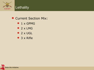 Seize the initiative.
Lethality
 Current Section Mix:
 1 x GPMG
 2 x LMG
 2 x UGL
 3 x Rifle
 