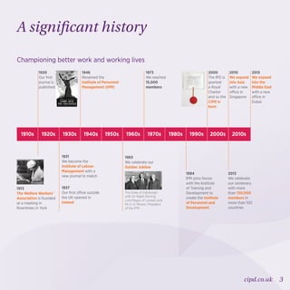 3cipd.co.uk
A significant history
Championing better work and working lives
1910s 1920s 1930s 1940s 1950s 1960s 1970s 1980s 1990s 2000s 2010s
1963
We celebrate our
Golden Jubilee
1994
IPM joins forces
with the Institute
of Training and
Development to
create the Institute
of Personnel and
Development
2013
We celebrate
our centenary
with more
than 130,000
members in
more than 100
countries
The Duke of Edinburgh
with Sir Ralph Perring,
Lord Mayor of London and
Mr G. R. Moxon, President
of the IPM
1931
We become the
Institute of Labour
Management with a
new journal to match
1920
Our first
journal is
published
1973
We reached
15,000
members
2000
The IPD is
granted
a Royal
Charter
and so the
CIPD is
born
2010
We expand
into Asia
with a new
office in
Singapore
2015
We expand
into the
Middle East
with a new
office in
Dubai
1946
Renamed the
Institute of Personnel
Management (IPM)
1937
Our first office outside
the UK opened in
Ireland
1913
The Welfare Workers’
Association is founded
at a meeting in
Rowntrees in York
 