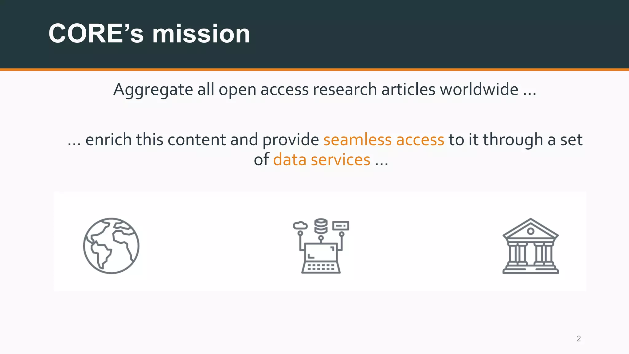 CORE’s mission
2
Aggregate all open access research articles worldwide …
… enrich this content and provide seamless access to it through a set
of data services …
 
