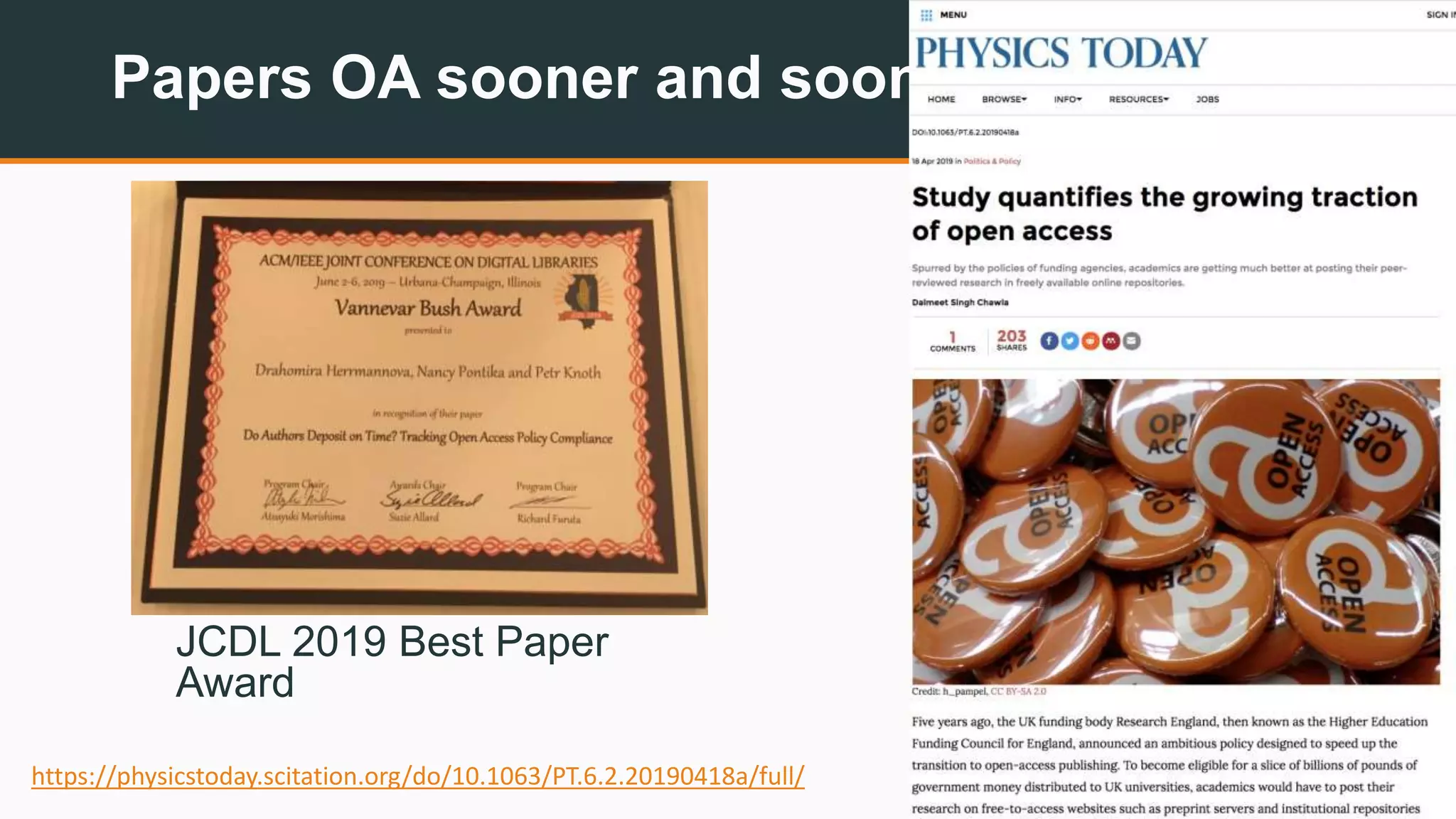 Papers OA sooner and sooner
6/22https://physicstoday.scitation.org/do/10.1063/PT.6.2.20190418a/full/
JCDL 2019 Best Paper
Award
 