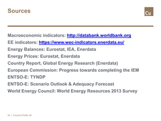 Sources
Macroeconomic indicators: http://databank.worldbank.org
EE indicators: https://www.wec-indicators.enerdata.eu/
Energy Balances: Eurostat, IEA, Enerdata
Energy Prices: Eurostat, Enerdata
Country Report, Global Energy Research (Enerdata)
European Commission: Progress towards completing the IEM
ENTSO-E: TYNDP
ENTSO-E: Scenario Outlook & Adequacy Forecast
World Energy Council: World Energy Resources 2013 Survey
44 | Country Profile UK
 