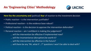 An ‘Engineering Cities’ Methodology
Here lies the uncertainty and (political) fear of reaction to the investment decision
• Public reaction – is the intervention justifiable?
• Professional reaction – is the evidence base robust?
• Political reaction – is the decision to approve the intervention defensible?
• Personal reaction – am I confident in making the judgement?
… will the intervention be effective if implemented now?
… will the inconvenience (disruption) be worth it?
… will the intervention be effective in the future?
… will there be any “Ah, what if …?” questions I won’t be able to deal with?
 