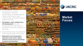 — In this scenario, current
demographic, economic,
environmental, and technological
trends unfold without major
surprise, with convergence toward
today’s structures
— Competitive, open markets drive
UK development. The self-
correcting logic of the market is
expected to cope with problems as
they arise
— Sustainability issues are addressed
more through rhetoric than action
— Materialism and individualism
spread as core human values,
whereas social and environmental
concerns are secondary
Market
Forces
Photo by lyzadanger, via Flickr
 