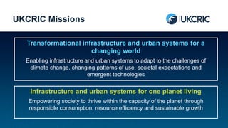 Transformational infrastructure and urban systems for a
changing world
Enabling infrastructure and urban systems to adapt to the challenges of
climate change, changing patterns of use, societal expectations and
emergent technologies
UKCRIC Missions
Infrastructure and urban systems for one planet living
Empowering society to thrive within the capacity of the planet through
responsible consumption, resource efficiency and sustainable growth
 