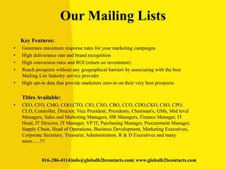 Our Mailing Lists
Key Features:
• Generates maximum response rates for your marketing campaigns
• High deliverance rate and brand recognition
• High conversion rates and ROI (return on investment)
• Reach prospects without any geographical barriers by associating with the best
Mailing List Industry service provider
• High opt-in data that provide marketers zero-in on their very best prospects
Titles Available:
• CEO, CFO, CMO, COO,CTO, CIO, CXO, CBO, CCO, CDO,CKO, CSO, CPO,
CLO, Controller, Director, Vice President, Presidents, Chairman's, GMs, Mid level
Managers, Sales and Marketing Managers, HR Managers, Finance Manager, IT
Head, IT Director, IT Manager, VP IT, Purchasing Manager, Procurement Manager,
Supply Chain, Head of Operations, Business Development, Marketing Executives,
Corporate Secretary, Treasurer, Administration, R & D Executives and many
more......!!!
816-286-4114|info@globalb2bcontacts.com| www.globalb2bcontacts.com
 