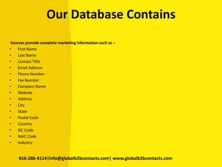 Our Database Contains
Sources provide complete marketing information such as –
• First Name
• Last Name
• Contact Title
• Email Address
• Phone Number
• Fax Number
• Company Name
• Website
• Address
• City
• State
• Postal Code
• Country
• SIC Code
• NAIC Code
• Industry
816-286-4114|info@globalb2bcontacts.com| www.globalb2bcontacts.com
 