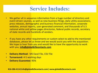Service Includes:
• We gather all in sequence information from a huge number of directory and
event-driven sources, as well as new business filings, daily utility associations,
press releases, demographic and business financial information, corporate
websites, annual reports, user-generated comment, and thousands of U.S
national white and yellow pages directories, federal public records, secretary
of state records and hundreds of vendors.
• If you have any other requirements or custom select to add to the mentioned
databases, please let us know and we would assist you with the acquisition.
We hope to hear from you and would like to have the opportunity to work
with you, info@globalb2bcontacts.com
• Delivery Method: MS Excel File, CSV File
• Turnaround: 4-5 working days
• Delivery Guarantee: 95%
816-286-4114|info@globalb2bcontacts.com| www.globalb2bcontacts.com
 
