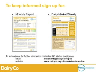 To keep informed sign up for:
• Monthly Report
To subscribe or for further information contact AHDB Market Intelligence
email datum.info@dairyco.org.uk
website www.dairyco.org.uk/market-information
• Dairy Market Weekly
 