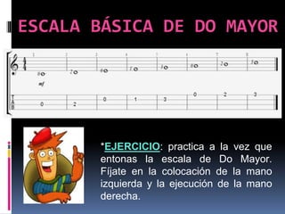 ESCALA BÁSICA DE DO MAYOR
*EJERCICIO: practica a la vez que
entonas la escala de Do Mayor.
Fíjate en la colocación de la mano
izquierda y la ejecución de la mano
derecha.
 