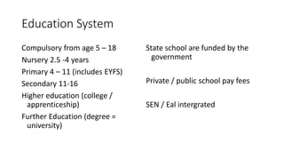 Education System
Compulsory from age 5 – 18
Nursery 2.5 -4 years
Primary 4 – 11 (includes EYFS)
Secondary 11-16
Higher education (college /
apprenticeship)
Further Education (degree =
university)
State school are funded by the
government
Private / public school pay fees
SEN / Eal intergrated
 