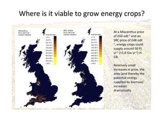 Where is it viable to grow energy crops?
At a Miscanthus price
of £60 odt-1 and an
SRC price of £48 odt-
1, energy crops could
supply around 50 Pj
yr-1 (=1.6 Gw yr-1) in
GB.
Relatively small
increases in price, the
area (and thereby the
potential energy
supplied by biomass)
increases
dramatically.
 
