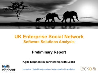 innovation | digital transformation | value creation | (r)evolution
UK Enterprise Social Network
Software Solutions Analysis
Preliminary Report
Agile Elephant in partnership with Lecko
 