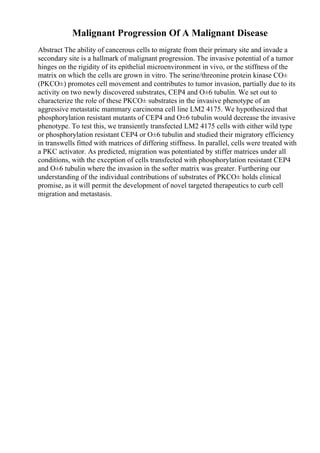 Malignant Progression Of A Malignant Disease
Abstract The ability of cancerous cells to migrate from their primary site and invade a
secondary site is a hallmark of malignant progression. The invasive potential of a tumor
hinges on the rigidity of its epithelial microenvironment in vivo, or the stiffness of the
matrix on which the cells are grown in vitro. The serine/threonine protein kinase CО±
(PKCО±) promotes cell movement and contributes to tumor invasion, partially due to its
activity on two newly discovered substrates, CEP4 and О±6 tubulin. We set out to
characterize the role of these PKCО± substrates in the invasive phenotype of an
aggressive metastatic mammary carcinoma cell line LM2 4175. We hypothesized that
phosphorylation resistant mutants of CEP4 and О±6 tubulin would decrease the invasive
phenotype. To test this, we transiently transfected LM2 4175 cells with either wild type
or phosphorylation resistant CEP4 or О±6 tubulin and studied their migratory efficiency
in transwells fitted with matrices of differing stiffness. In parallel, cells were treated with
a PKC activator. As predicted, migration was potentiated by stiffer matrices under all
conditions, with the exception of cells transfected with phosphorylation resistant CEP4
and О±6 tubulin where the invasion in the softer matrix was greater. Furthering our
understanding of the individual contributions of substrates of PKCО± holds clinical
promise, as it will permit the development of novel targeted therapeutics to curb cell
migration and metastasis.
 