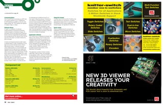 DESIGN                                                                                                                                                       knitter-switch                                                Multi-Function
TIPS                                                                                                                                                         number one in switches                                        Tact Switches
                                                                                                                                                             Switches for all Applications
< Continued from page 29                                                                                                                                      5 Million Switches in Stock
                                                                                                                                                                  Worldwide Support                                       rswww.com/knitter-switch
Communications                                      be extended and modified as long as it is             Using the module
Pins TX and RX are connected to a UART that         only used in Microchip devices. It contains a         A simple way to find out what IP address has
can support speeds of up to 115200 baud.            rich collection of hardware drivers, low-level        been acquired is to use Bonjour, a program
An SPI interface is available on the pins with      protocol implementations (ARP IP TCP and so
                                                                                    , ,                   developed by Apple which is now also available    Toggle Switches                           Tact Switches
labels starting ‘SPI’. The interface can operate    on) and a couple of important application-level       for Windows (most simply installed as a
in master mode or in slave.                         protocol implementations such as DHCP and
                                                    HTTP The simple MPFS file system is also
                                                          .
                                                                                                          browser plug-in, for example for Firefox [2]).
                                                                                                                                                              Rotary Coded                                Dual-in-line
Software library
A ‘stack’ is a collection of software
                                                    included to allow storage of web page source
                                                    data. Example applications, a bootloader, tools
                                                                                                          Serial modes
                                                                                                          When a suitable network connection is
                                                                                                                                                                Switches                                   Switches
                                                                                                                                                             Slide Switches                          Micro Switches
implementations of protocols and drivers,           and comprehensive documentation of all stack          established with the serial server data can
usually arranged in a hierarchy of layers. At       functions complete the package.                       be sent using TCP/IP to the unit. Further
the bottom end of the stack are the hardware                                                              details on the additional protocols required
drivers which are responsible for getting data      application software                                  for operation in this mode can be found in a
bits transferred onto the network wires. At the     The module has an integrated bootloader that          supplementary document downloadable                                                                            knitter-switch
top end of the stack is a simple interface for
data exchange.
                                                    allows a new version of its firmware to be
                                                    uploaded over the Ethernet connection for
                                                                                                          from the Elektor website.
                                                                                                                                                                                  Pushbutton                             knitter-switch UK Limited

                                                                                                                                                                                   Switches
                                                                                                                                                                                                                         Grove House, Lutyens Close,
                                                    installation at any time: suitable hex files are
                                                                                                                                                                                                                         Chineham Court, Basingstoke,
In theory, the layered protocol model makes         available on the project’s web pages [1]. The
                                                                                                                                                                                                                         RG24 8AG, United Kingdom
it relatively easy to make modifications to one     author developed the application software
layer (such as the hardware driver) without         for the module using the MPLAB IDE. It is                                                                                   Rotary Switches                          Tel: +44 (0) 1256 338670
affecting the others. In practice however,          written entirely in ANSI C and can be                                                                                                                                Fax: +44 (0) 1256 338671

                                                                                                                                                                                   Encoders
when implemented on a microcontroller, the          compiled using the free version of the                                                                                                                               Email: ksuk@knitter-switch.com
hardware and the stack are very closely tied        Microchip C18 compiler.                                                                                                                                              www.knitter-switch.com
together, and lots of tricks need to be used to
keep memory usage low. Nevertheless, TCP/IP         The application consists of three modules,
stack implementations are available for a wide      called Main, Web and Appl. The bootloader
range of microcontroller families, often for free   jumps directly to Main, where the TCP/IP stack,
and direct from the manufacturer.                   the EEPROM driver and the Appl module are
Microchip offers a TCP/IP stack for its PIC18,      initialised. Then Appl and the TCP/IP stack                              Internet Links
PIC24, dsPIC and PIC32 microcontroller              receive processing time alternately in an                                [1] www.elektor.com/100552
families written in ANSI C. It is free and can      infinite loop.                                                           [2] www.bonjourfoxy.net

                                                                                                                                                           DesignSparkPCB

  Component list
  Resistors (SmD 0603)                                     RS Stock No.       Semiconductors                                             RS Stock No
  R101 = 1MΩ                                                      678-9932    IC1= PIC18F67J60 (TQFP64),                                        400-766
  R102 = 4.7kΩ                                                    679-0484    IC2= 11AA02E48 (SOT23)                                           667-8034
  R103 = 1kΩ                                                      678-9875    TR1= 10/100Base-TX transformer,



                                                                                                                                                           NeW 3d vieWer
  R104 = 2.26kΩ                                                   679-0128
                                                                              Halo N5 (SMD), PoE to IEEE 802.3af                    615-4406 or 615-4434
  R105,R106 = 560Ω                                                679-0541
  R107–R110 = 49.9Ω (1%)                                          679-0459
                                                                              miscellaneous                                              RS Stock No.


                                                                                                                                                           reLeaSeS your
                                                                              J1= 8+2+2 pin RJ45 socket, w. 2 integrated LEDs
                                                                                                                            (use integrated TR1)
  Capacitors (SmD 0603):                                   RS Stock No.       JP1,JP2 = 10-pin SIL pinheader (lead pitch 0.1 in.)      681-3004
  C101–C109= 100nF                                                 391-246    Q101 = 25 MHz SMD quartz crystal, HC49UP case            671-9280
  C110,C111= 33pF                                                 616-9161    PCB, Elektor # 100552-11 [1]


                                                                                                                                                           CreaTiviTy
  C112= 10µF                                                      698-3239    http://be.eurocircuits.com/Offtheshelf/Offtheshelfdefault.aspxw
  Inductors (SmD 0603):                                    RS Stock No.
  FE101 = 1k @ 100 MHz                                            367-4856

                                                                                                                                                           The World’s Most Powerful Free Schematic and
                                                                                                                                                           PCB Layout Tool is yours to download now


 Get more online...
 www.designspark.com                                                                                                                                       Download your free copy at
                                                                                                                                                           www.designspark.com/pcb                                              WIrED BY
30     eTech - ISSUE 6
 