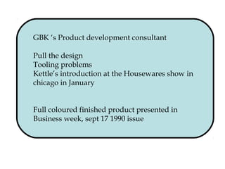 GBK ‘s Product development consultant
Pull the design
Tooling problems
Kettle’s introduction at the Housewares show in
chicago in January
Full coloured finished product presented in
Business week, sept 17 1990 issue
 