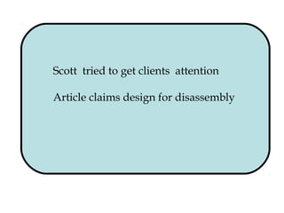 Scott tried to get clients attention
Article claims design for disassembly
 